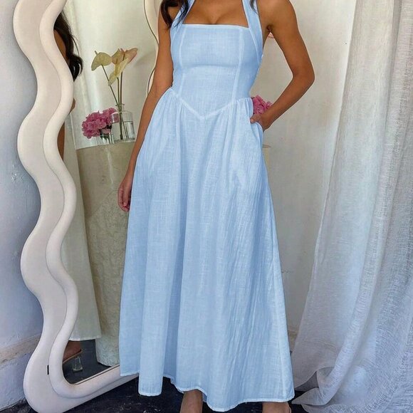 Blue Casual Women's Vacation Hanging Neck Elegant Long Dress - Picture 10 of 11